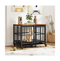 Ruie Foldable Dog Crate Furniture End Table Removable Tray Lockable Door Wheels