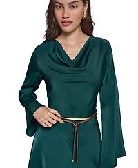 Satin Long Sleeve Cowl Neck Belted A-Line Dress