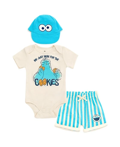 Sesame Street Baby Cookie Monster ( new born to 24 M )Short Sleeve Bodysuit and Bottoms Set with Hat