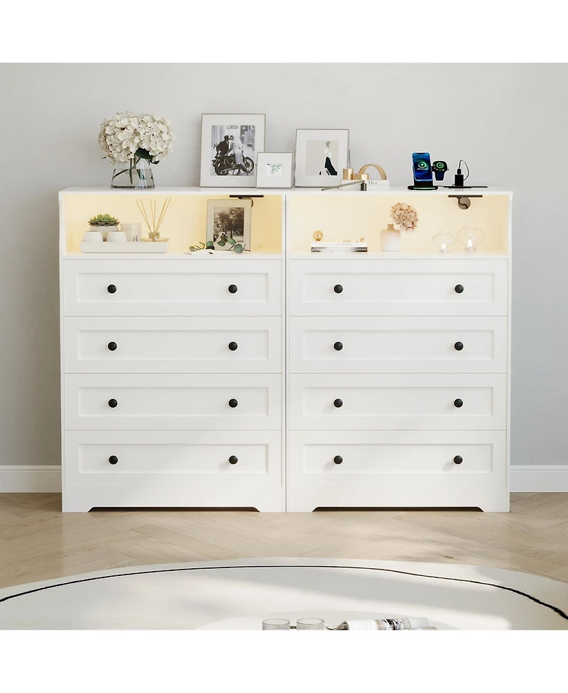 4-Drawer Wooden Dresser with Led Lights & Charging Station, Modern Nightstand Chest for Bedroom, White
