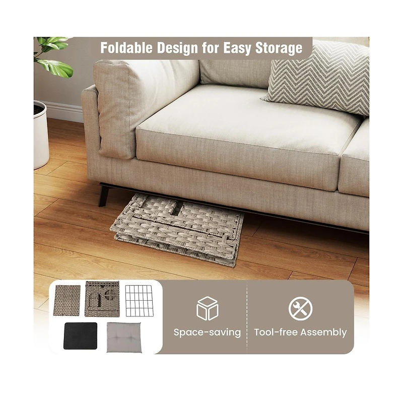 Ruie Foldable 2-Tier Rattan Cat Litter Box Enclosure House with Litter Mat