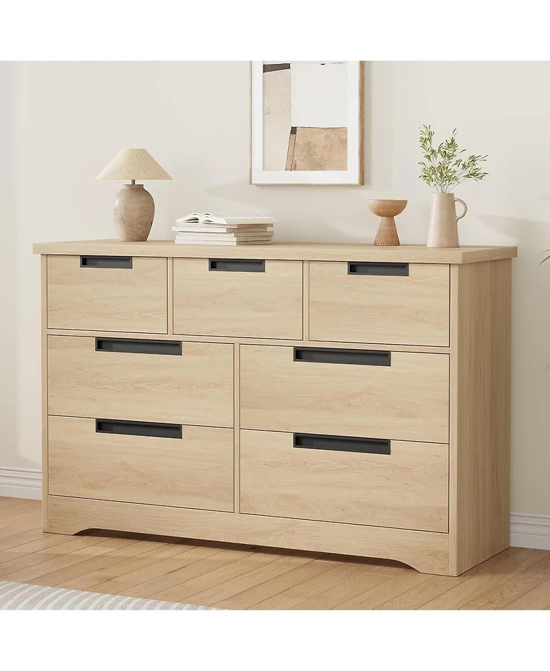 7-Drawer Tv Console for 55/65" Tv, Modern Entertainment Stand with Cabinet Storage for Bedroom & Hallway