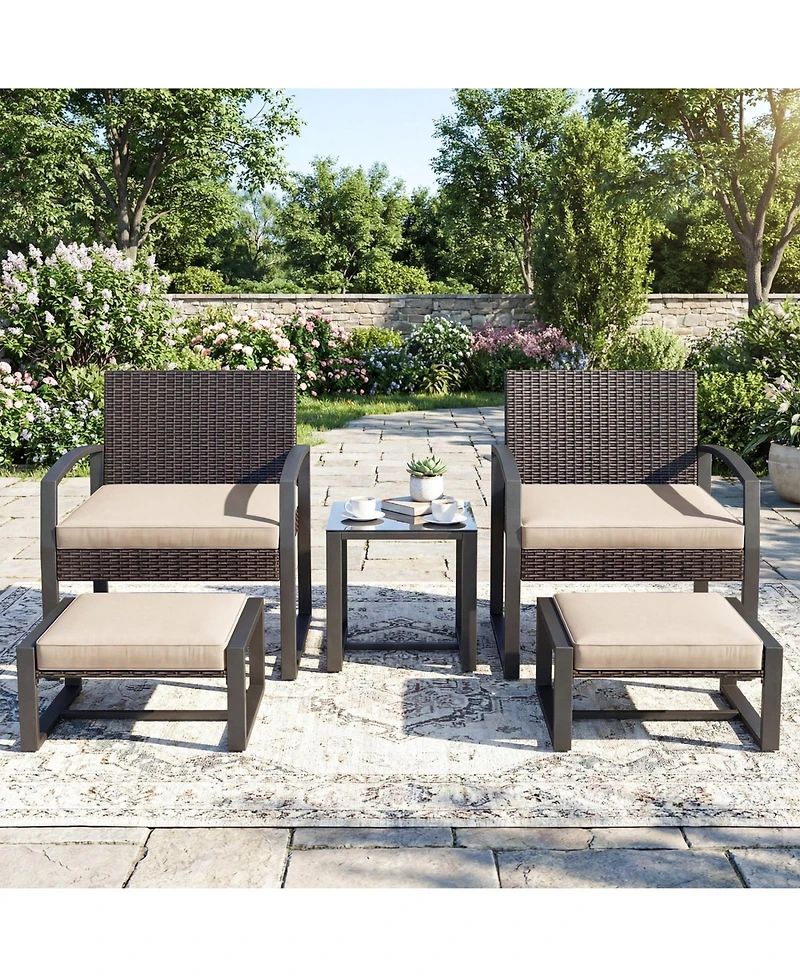 Sugift 5-Piece Patio Conversation Set with 2 Armchairs 2 Ottomans and Tempered Glass Side Table