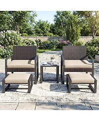Sugift 5-Piece Patio Conversation Set with 2 Armchairs 2 Ottomans and Tempered Glass Side Table