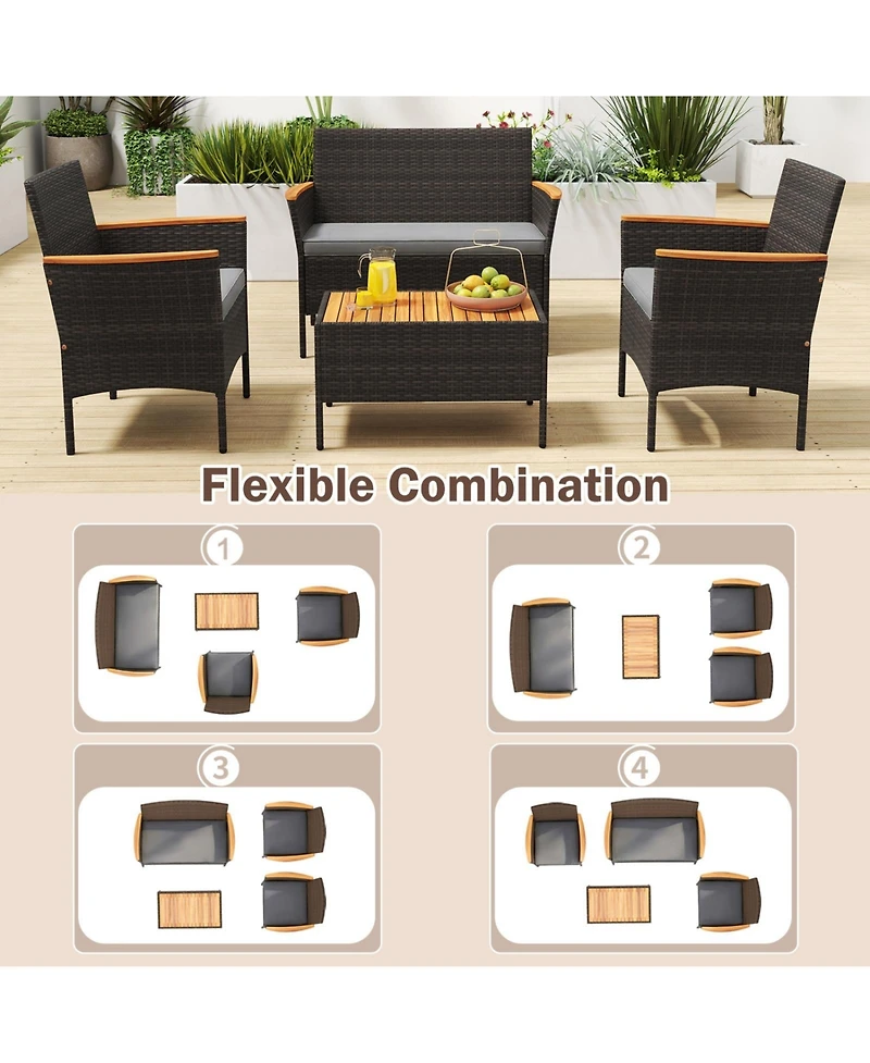 Sugift 4 Piece Patio Wicker Sofa Set with 2 Rattan Chairs Loveseat and Coffee Table