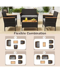 Sugift 4 Piece Patio Wicker Sofa Set with 2 Rattan Chairs Loveseat and Coffee Table
