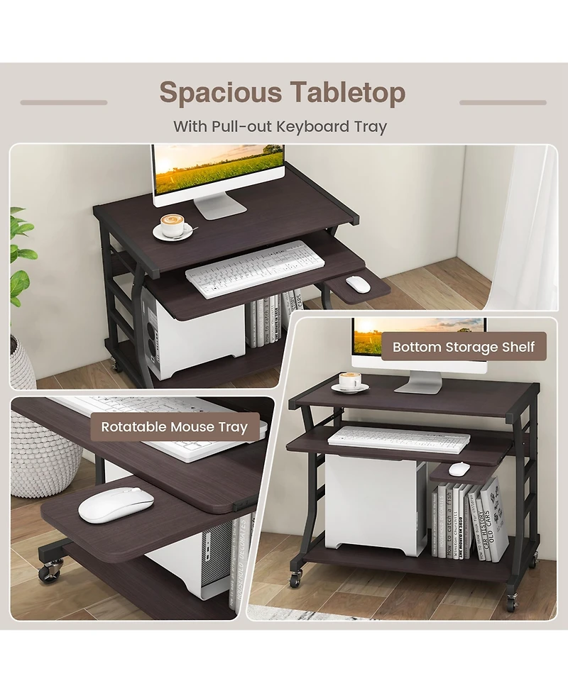 Costway 29.5'' Mobile Computer Desk Rolling Laptop Cart with Pull-out Keyboard Tray & Shelf
