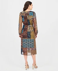 Robbie Bee Women's Print Surplus V-Neck Long-Sleeve Wrap Midi Dress