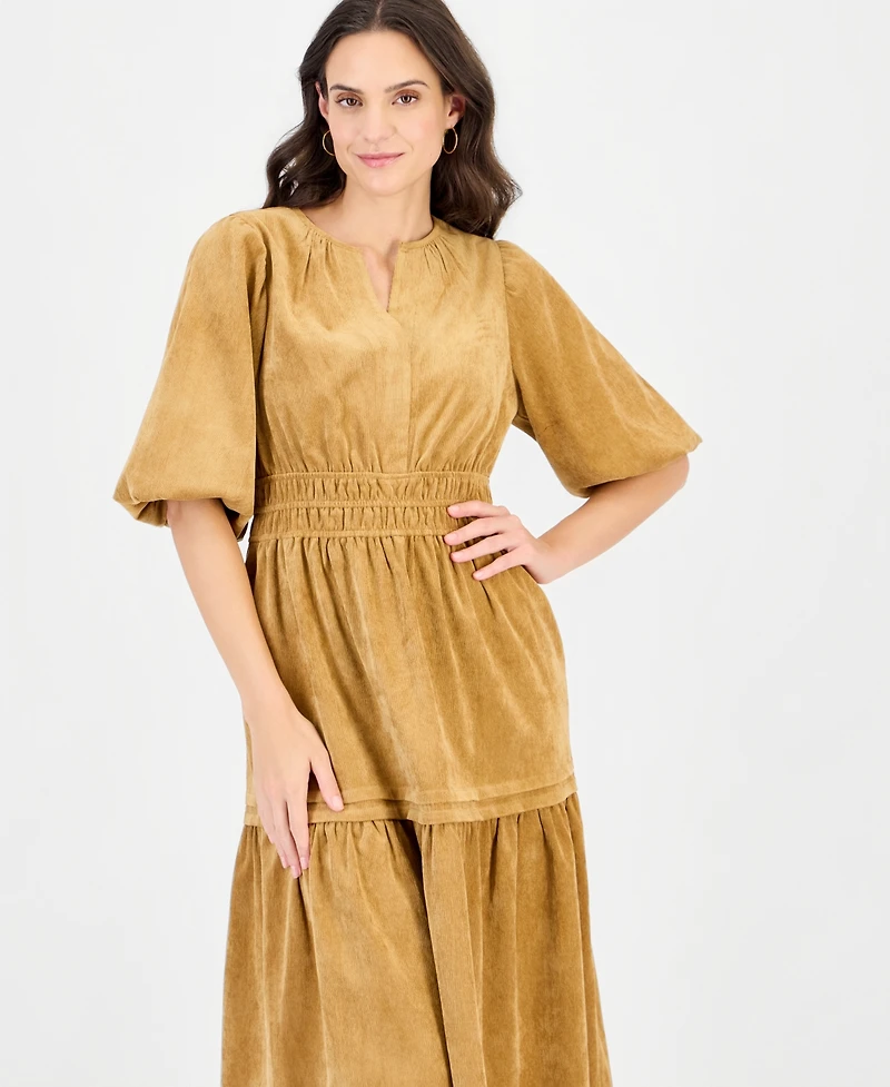 Robbie Bee Women's Corduroy Smocked-Waist Tiered Dress