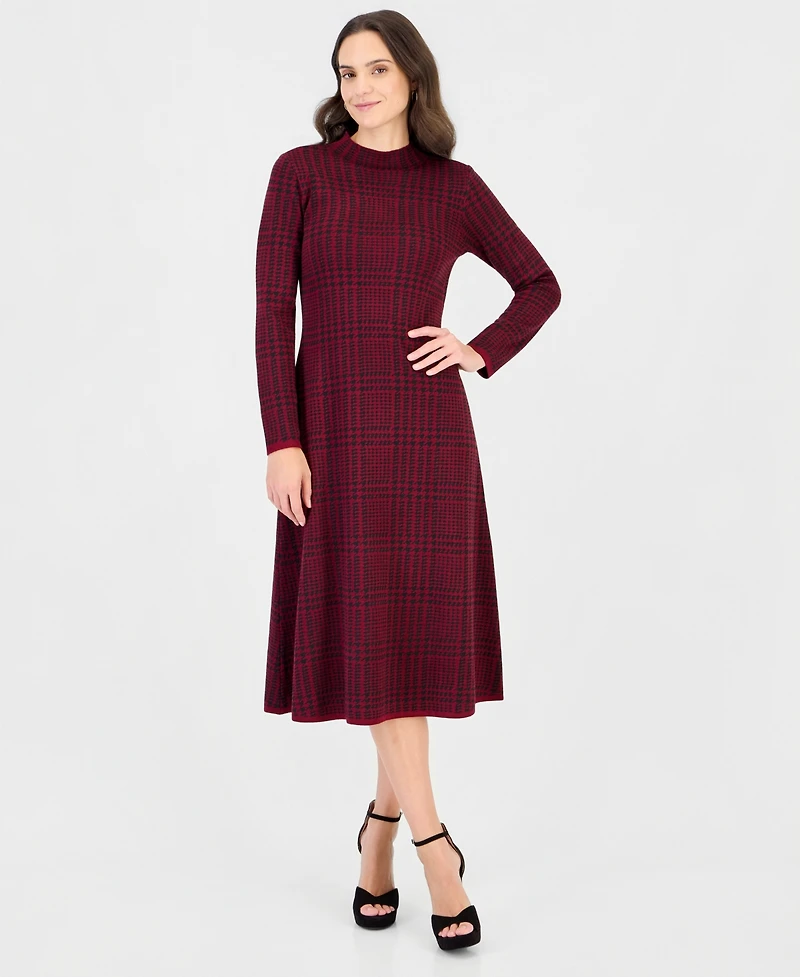 Robbie Bee Women's Mock Neck Long-Sleeve Plaid Sweater Dress