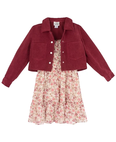 Rare Editions Girls' 7-16 Floral Lurex Chiffon Dress and Corduroy Jacket, 2-Piece Set