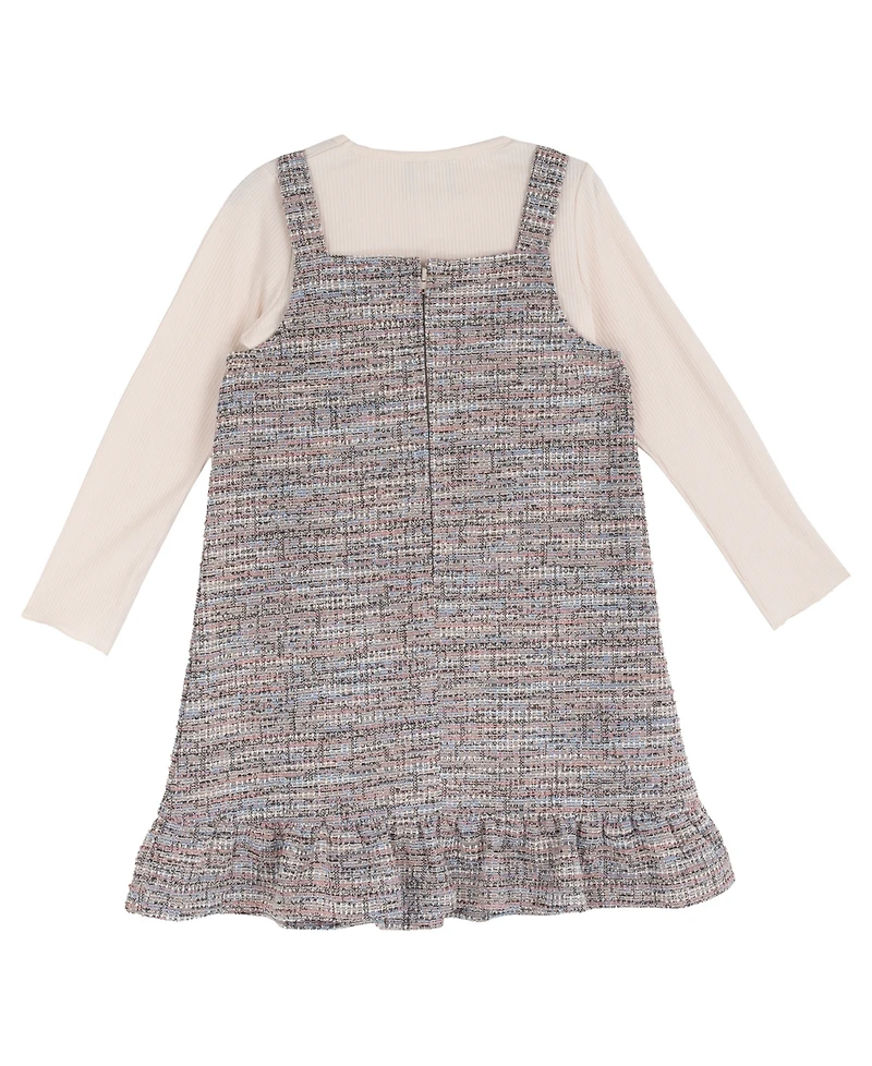 Rare Editions Girls' 2T-6X Rib-knit Long-Sleeve Top, Jumper and Fuzzy Bear Bag, 3-Piece Set