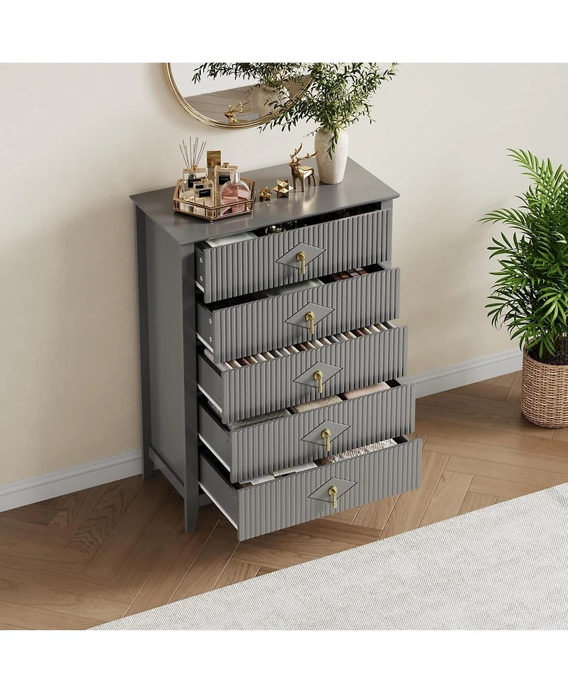 Fluted Dresser for Bedroom, 42.9" Tall 5-Drawer Wood Dresser, Modern Chest of Drawers, Storage Organizer Cabinet for Living Room, Hallway, Entryway