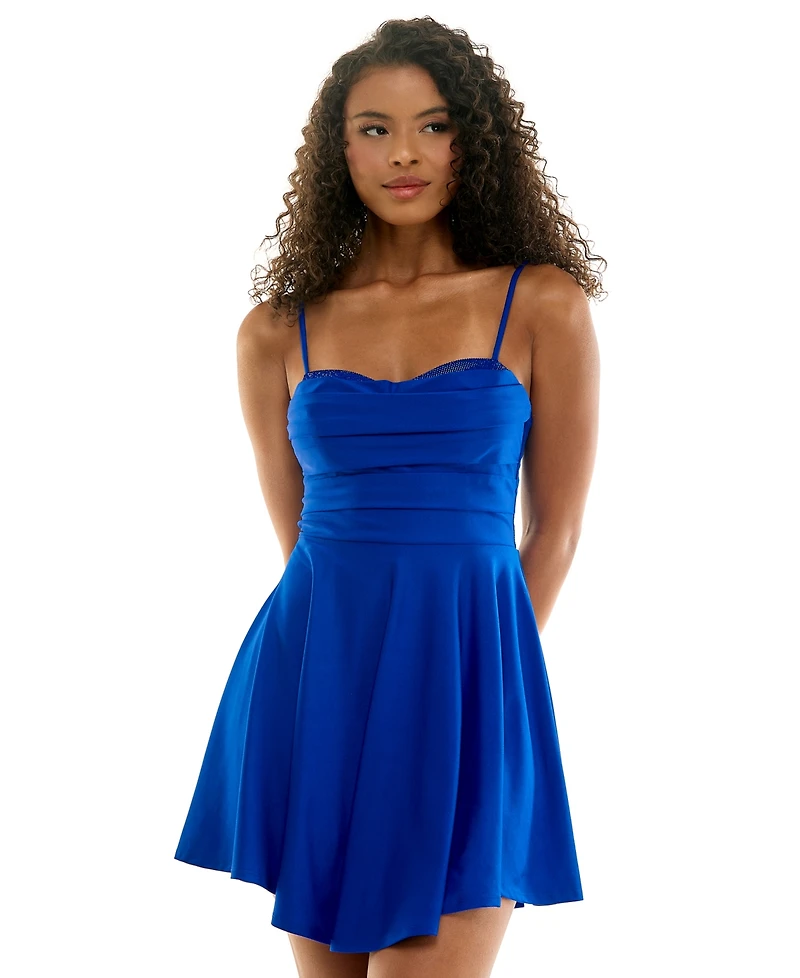 City Studios Juniors' Satin Sweetheart Rhinestone Trim Neckline Fit & Flare Dress