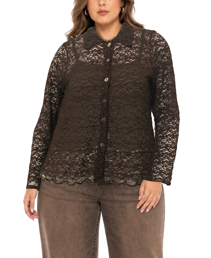 Coin 1804 Plus Floral Edge Lace Button-Front Shirt