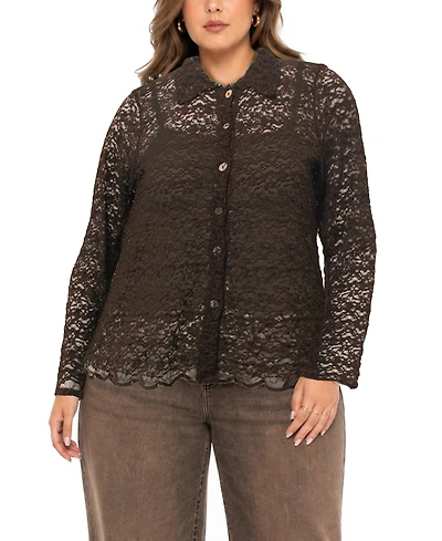 Coin 1804 Plus Floral Edge Lace Button-Front Shirt
