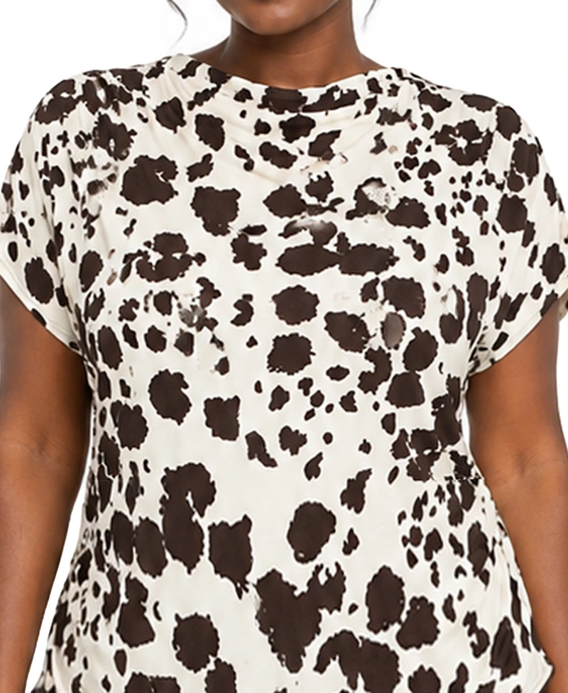Coin 1804 Plus Cow Print Draped Short-Sleeve Top