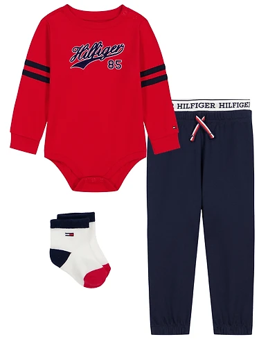 Tommy Hilfiger Baby Boys' Long-Sleeve Bodysuit and Pants with Socks, 3-Piece Set