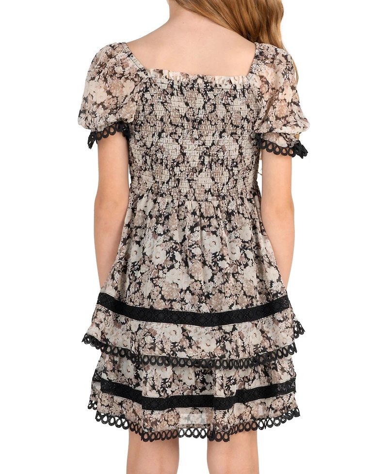 Rare Editions Girls' 7-16 Printed Floral Chiffon Puff Sleeve Smocked Bodice Dress