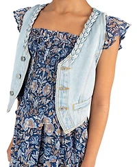 Rare Editions Girls' 7-16 Floral Print Sleeveless Dress and Denim Vest, 2-Piece Set