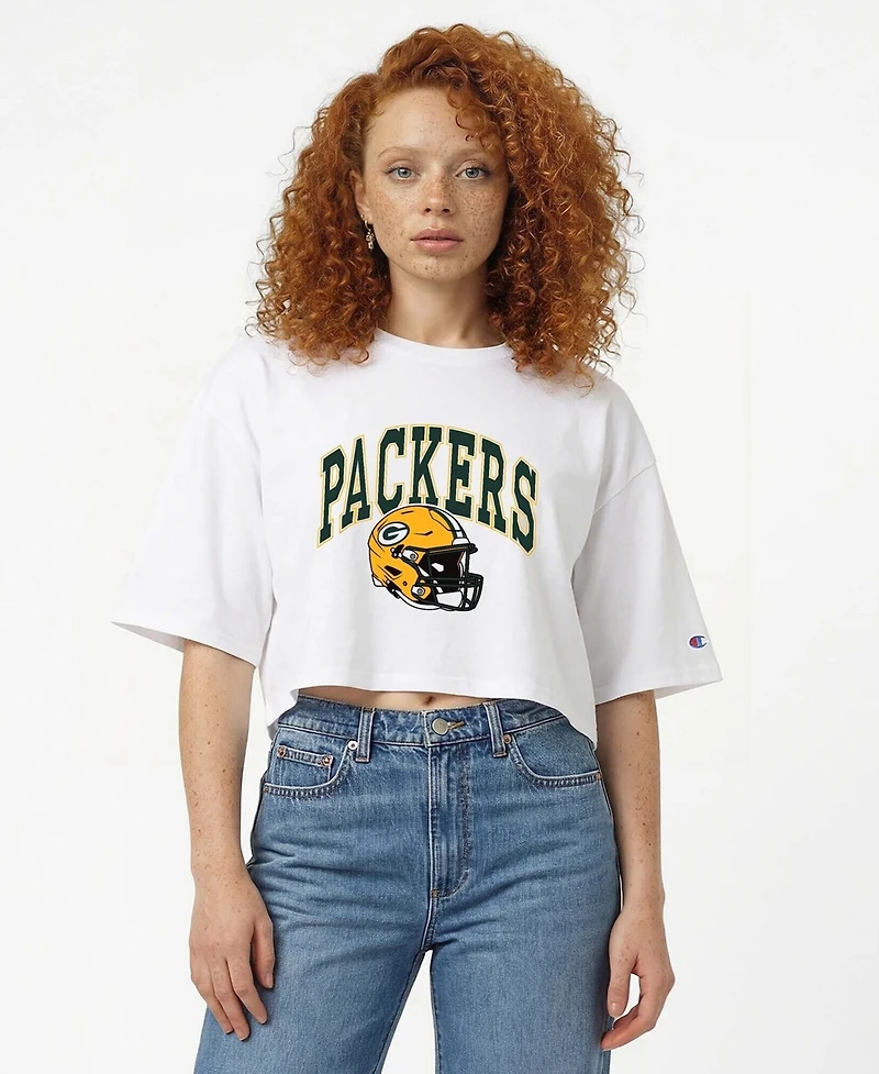 Champion Women's White Green Bay Packers Boyfriend Cropped T-Shirt