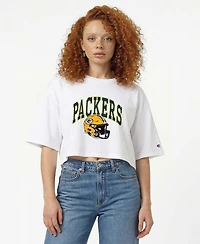Champion Women's White Green Bay Packers Boyfriend Cropped T-Shirt