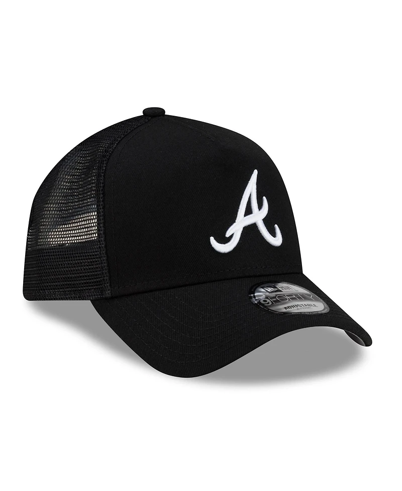 New Era Men's Black Atlanta Braves Side Script 9FORTY A-Frame Trucker Adjustable Hat