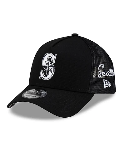 New Era Men's Black Seattle Mariners Side Script 9FORTY A-Frame Trucker Adjustable Hat