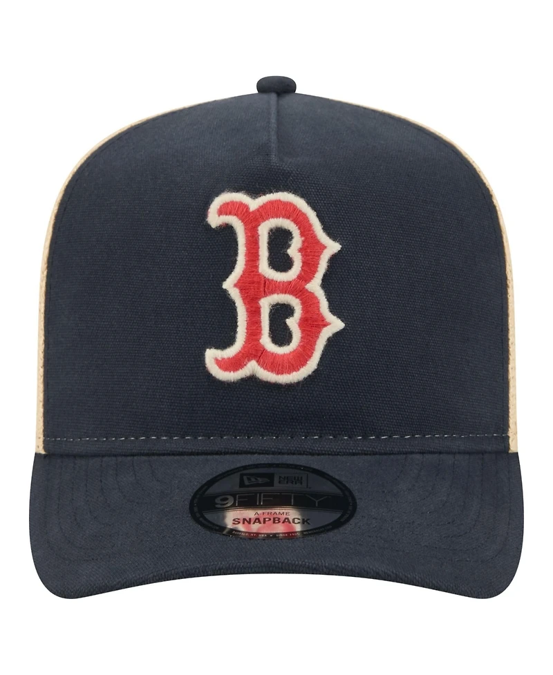 New Era Men's Navy, Natural Boston Red Sox Grained 9FIFTY A-Frame Trucker Adjustable Hat
