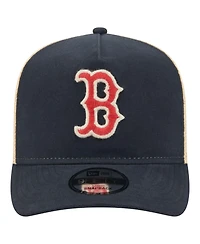 New Era Men's Navy, Natural Boston Red Sox Grained 9FIFTY A-Frame Trucker Adjustable Hat