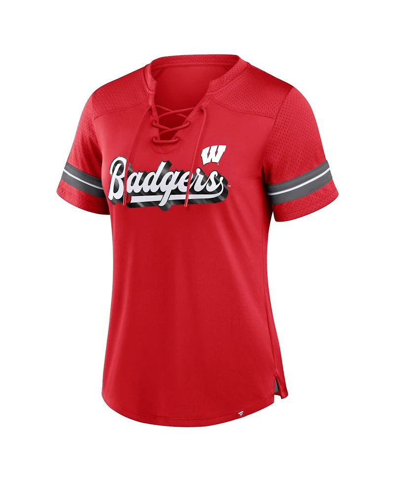 Fanatics Women's Red Wisconsin Badgers Fundamental Overtime Readiness Athena Lace-Up V-Neck T-Shirt