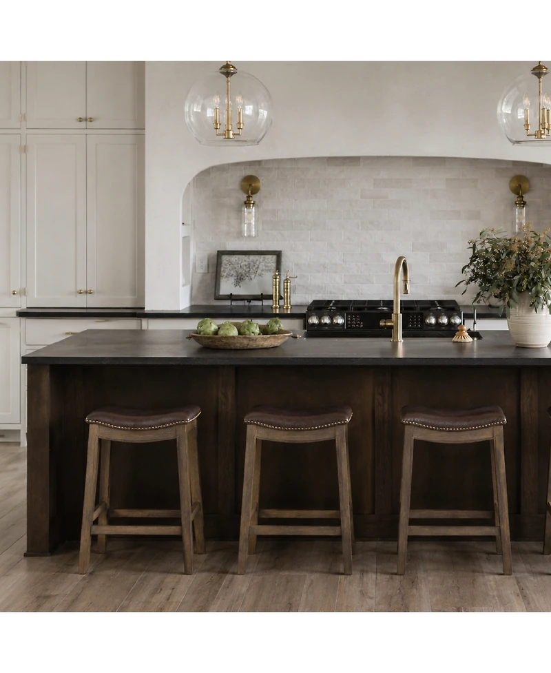 Maven Lane Adrien Saddle Counter Stool Reclaimed Oak Finish w/ Ash Grey Fabric Upholstery