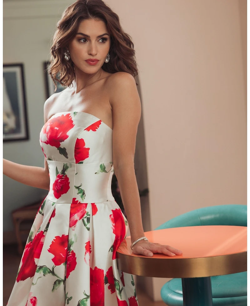 Mac Duggal Women's Strapless Floral Print A-Line Midi Dress
