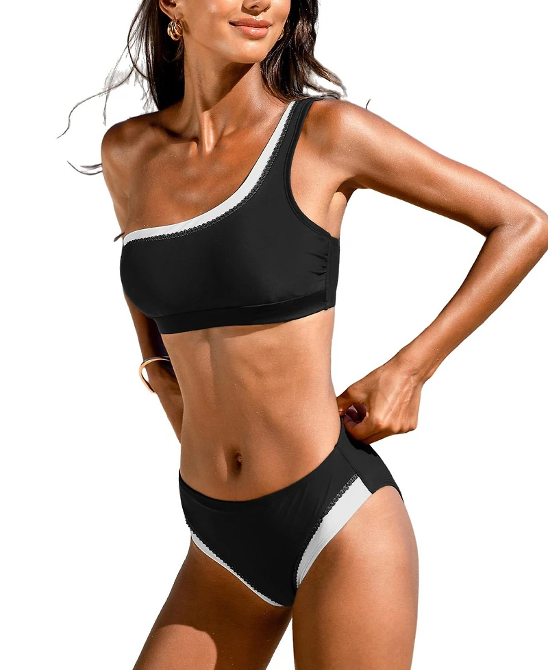Cupshe Women's Cocoa Sunset Scallop Trim One Shoulder Bikini Set