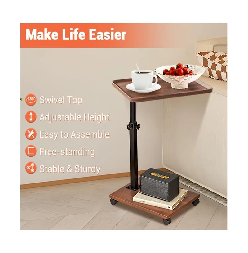homfan C-Shaped End Table – Adjustable Height 360degree(s) Swivel Tv Tray, Couch Table with Wheels Slides Under Sofa for Eating or Work