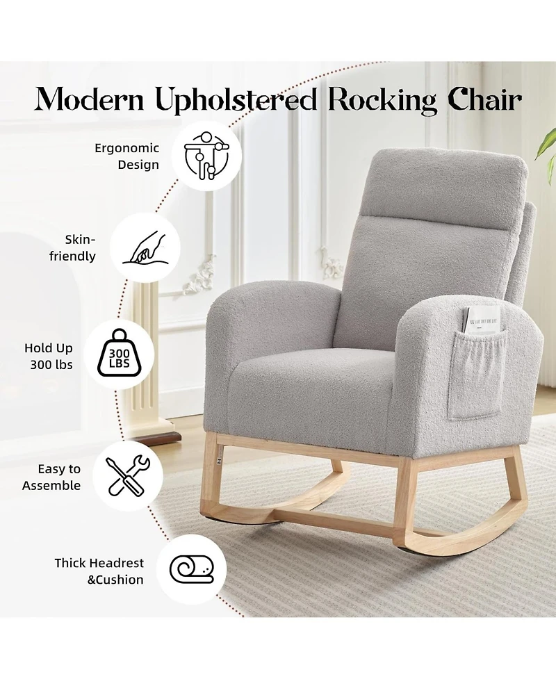 homfan Set of 2 Rocking Chairs, Sherpa Upholstered Glider Recliner with High Back and Rubber Wood Legs for Dining Room or Lounge
