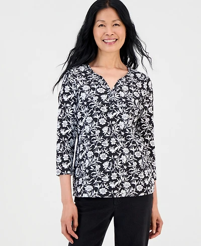 Style & Co Women's Printed 3/4 Sleeve Henley Top, Macy's Exclusive