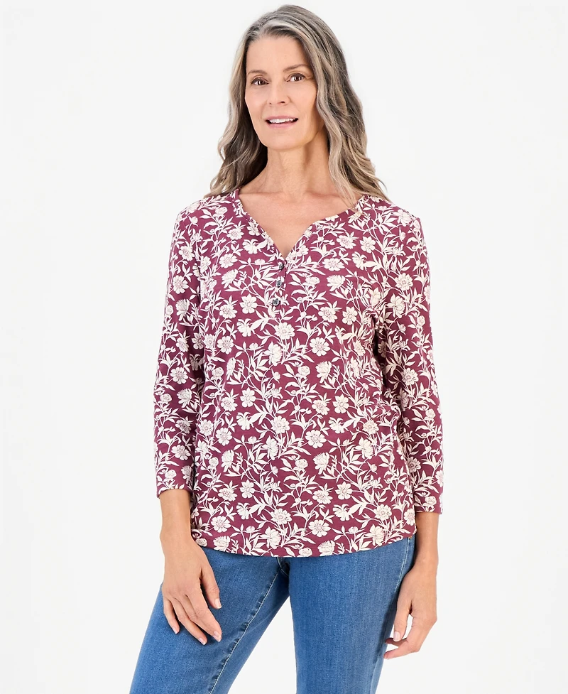 Style & Co Women's Printed 3/4 Sleeve Henley Top, Macy's Exclusive
