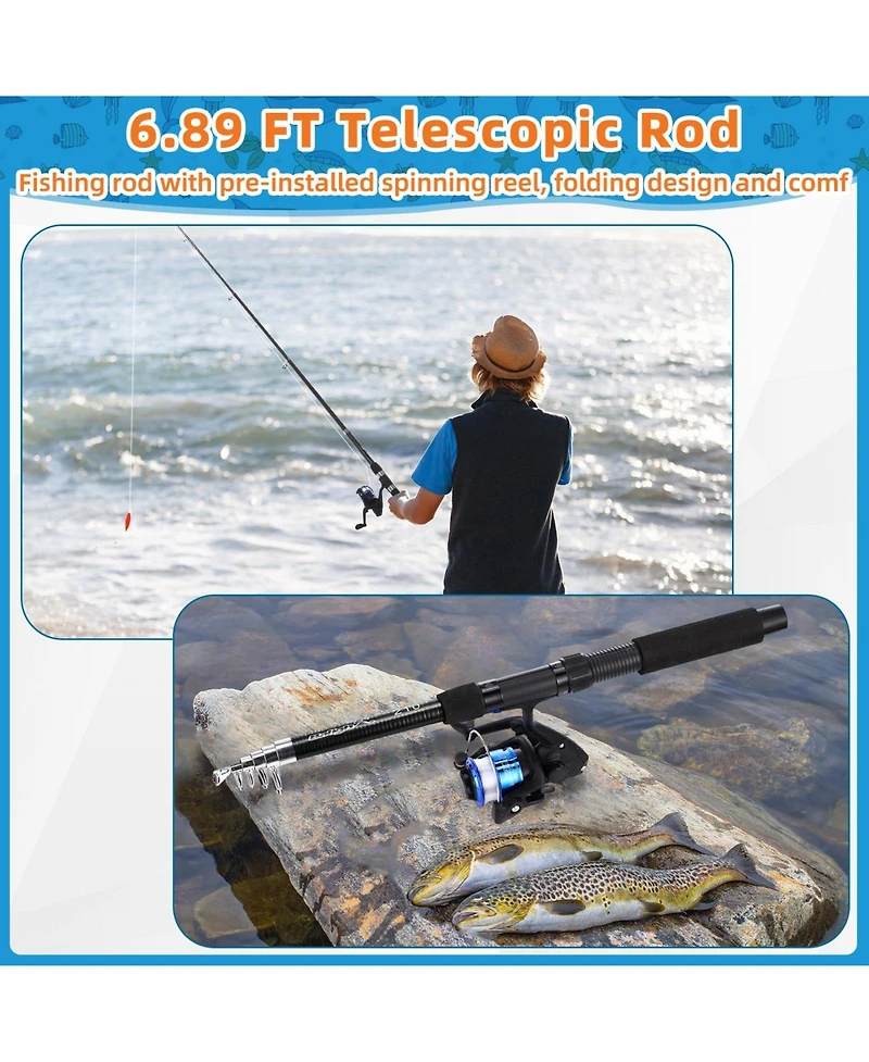 Aofar 6.89ft Telescopic Fishing Rod Reel Combo Collapsible Kit
