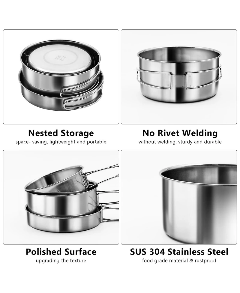Piscifun 18 8 Stainless Steel 4 Piece Camping Cookware Mess Kit Foldable Handle Outdoor Cooking Set