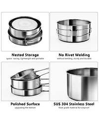Piscifun 18 8 Stainless Steel 4 Piece Camping Cookware Mess Kit Foldable Handle Outdoor Cooking Set