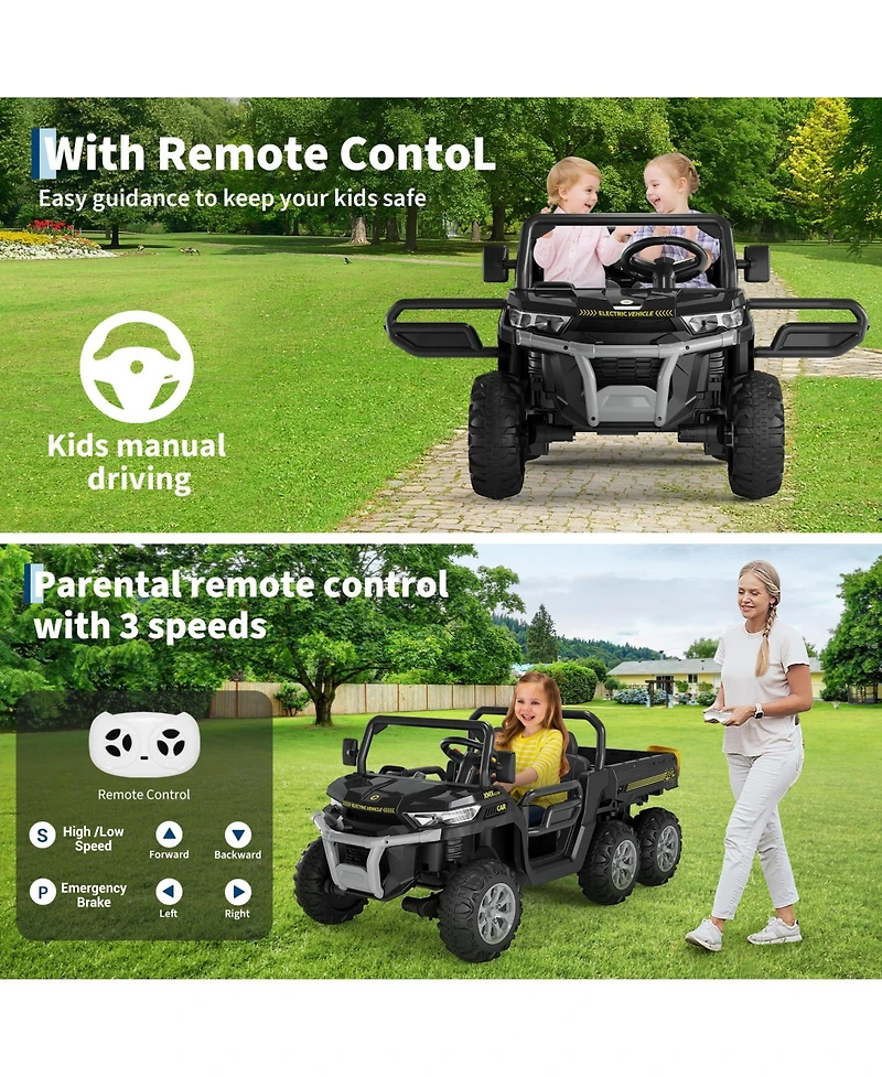 homfan 24V 2 Seater 4WD 6 Wheel Electric Ride On Dump Truck – Utv Car with Remote Control, Bed, Led Lights, MP3, Safety Belt