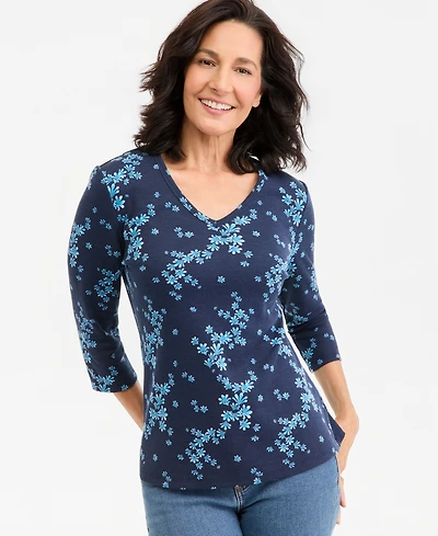 Style & Co Women's Printed 3/4-Sleeve V-Neck Tee, Macy's Exclusive