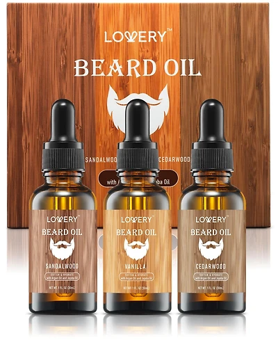 Lovery Nourishing and Moisturizing Beard Oil in Vanilla, Cedarwood and Sandalwood Scent - 3pc Mens Care Gift Set