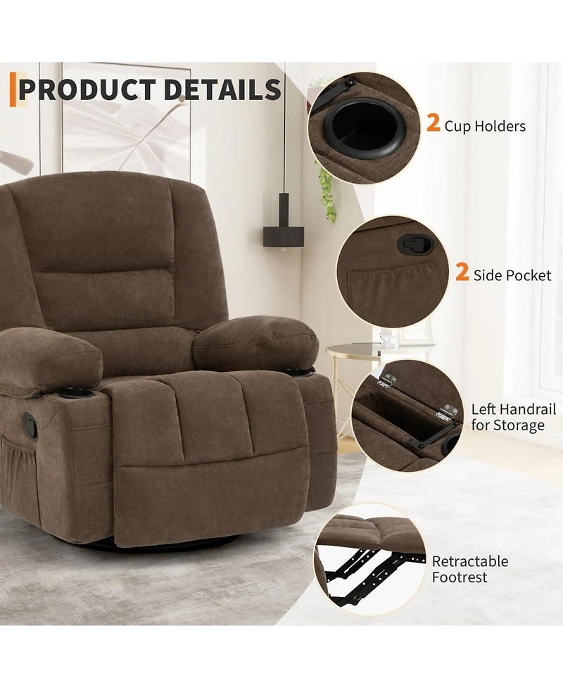 homfan Oversized Recliner, Wide Rocker with Massage Heat, 360degree(s) Swivel Seat for Adults, Glider with Storage, Pockets, 2 Cup Holders