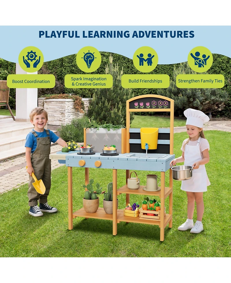 homfan 2 in 1 Wooden Mud Kitchen Water and Sand Table, Fir Wood Sensory Play Table with Removable Basin and Chalkboard for Kids Ages 3