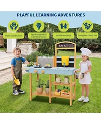 homfan 2 in 1 Wooden Mud Kitchen Water and Sand Table, Fir Wood Sensory Play Table with Removable Basin and Chalkboard for Kids Ages 3