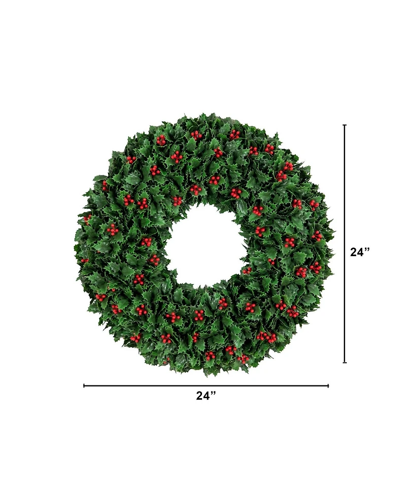 Nearly Natural 24" Ultraviolet Resistant Artificial Holly Berry Christmas Wreath Indoor And Outdoor