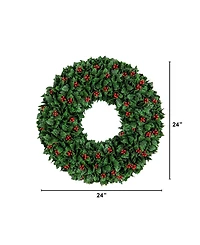 Nearly Natural 24" Ultraviolet Resistant Artificial Holly Berry Christmas Wreath Indoor And Outdoor