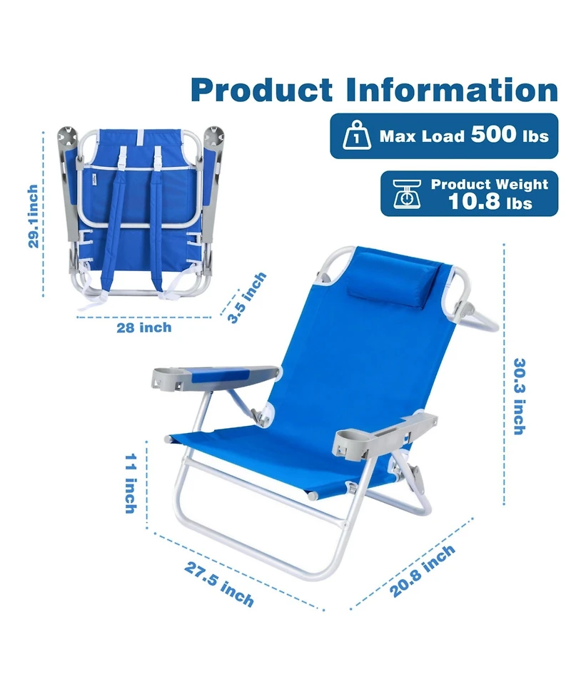 Aofar 28" Low Beach Chair Lay Flat Folding Camping Cup Holder outdoor